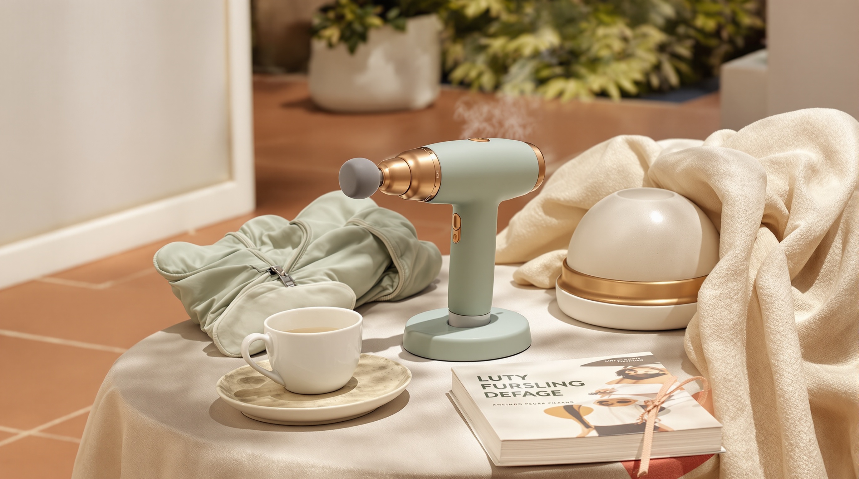 The mediferra line — sage compression boots, sage-and-bronze handheld massage gun, and ceramic foot dome on a warm cream linen-covered low table